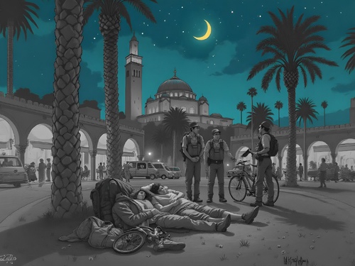 A nighttime scene deplics people sleeping on the grass near a mosque, while three uniformed guards and a cyclist watch nearby. Palm trees and soft lighting set the mood.