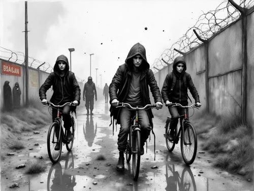 Three hooded figures, Martin, Jeremy & Florian, on bicycles ride along a rain-slicked road, past a barbed-wire fence and shadowy figures. A somber, dystopian scene.
