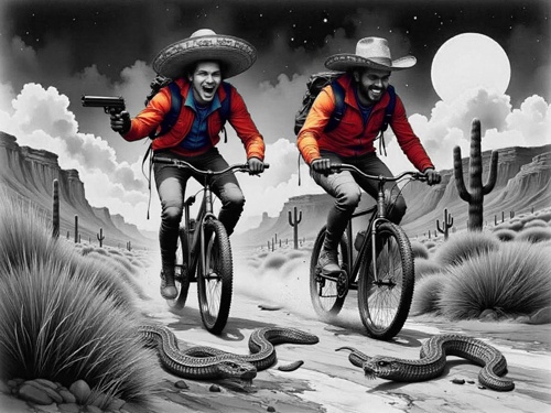 Two men, Jeremy & Florian, in sombreros, riding bicycles through a desert landscape, one weilding a gun. Snakes on the path. A humorous, slightly dangerous scene.