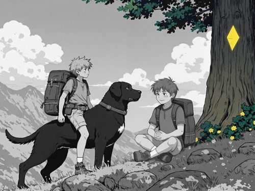 Two boys, Jeremy & Florian, and their large black dog, Quivo, hike through a mountain landscape, a yellow diamond marking a tree. They carry backpacks.