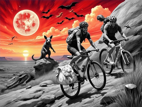Two cyclists, Jeremy and Florian, ride through a lanscape with prehistoric-like creatures & a dramatic sunset. Bats fly overhead. A lage red moon is visible.