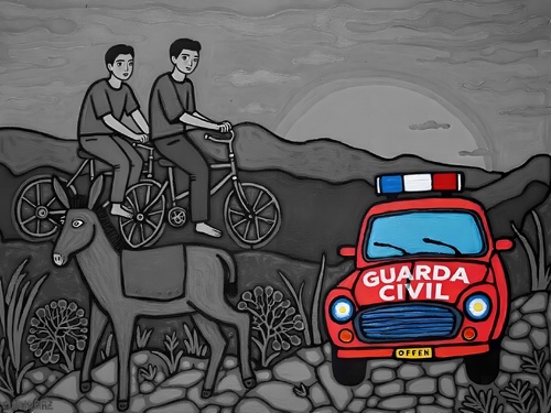 A vibrant painting deplicts two boys, Jeremy & Florian, cycling on a donkey, passing a Guarda Civil vehicle at sunset. The artwork showcases bold colors and naive style.