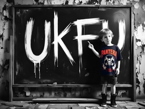 A young boy in a Pantera t-shirt stands before a chalkboard with the word 